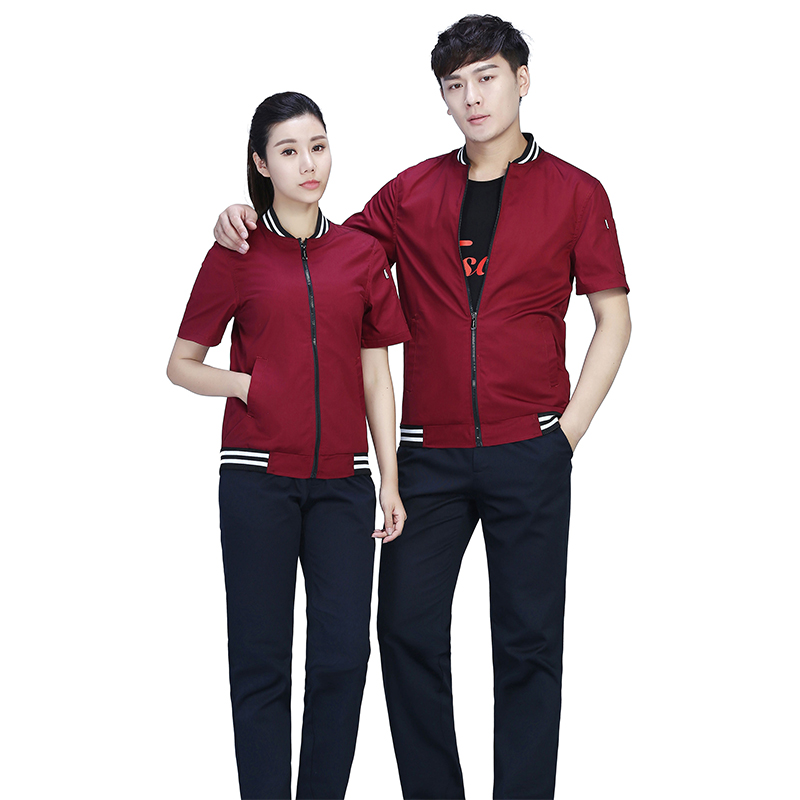 針織條紋領拉鏈休閑時尚款短袖工作服FY07